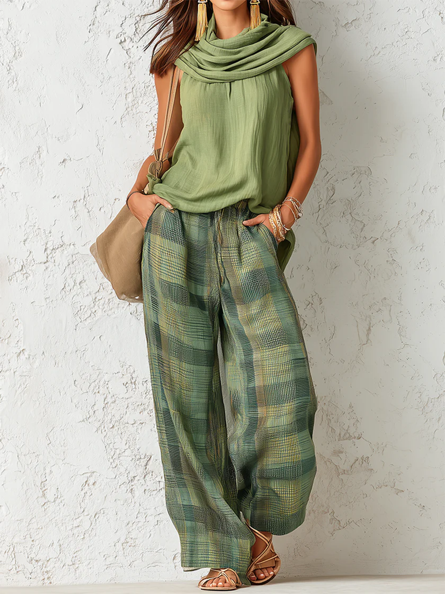 Iris | Cowl Neck Top & Plaid Wide-Leg Trousers Set