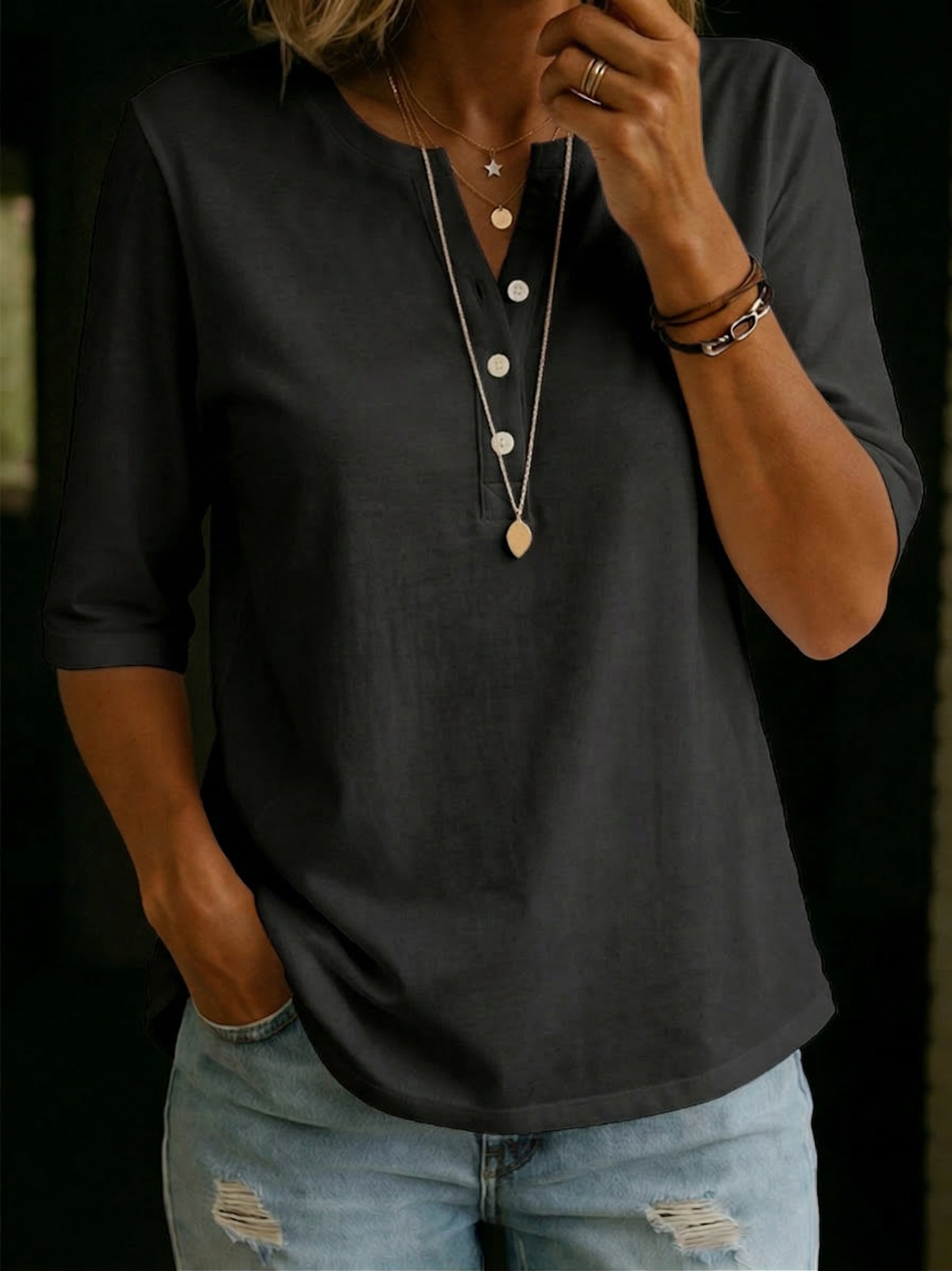 Nora | Half-Sleeve Henley Button Top