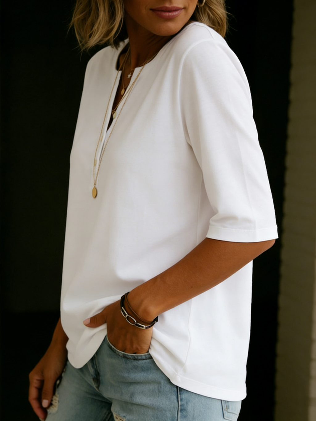 Nora | Half-Sleeve Henley Button Top