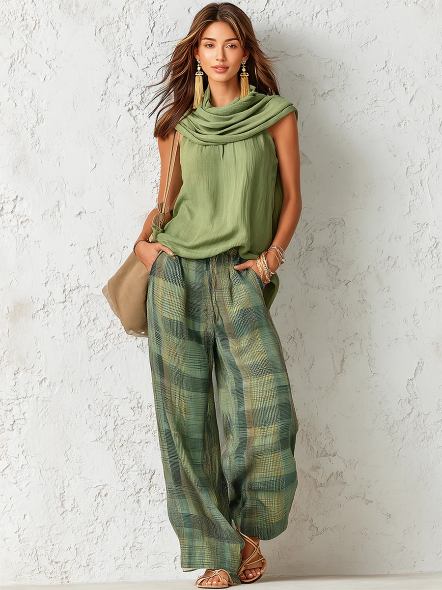 Iris | Cowl Neck Top & Plaid Wide-Leg Trousers Set