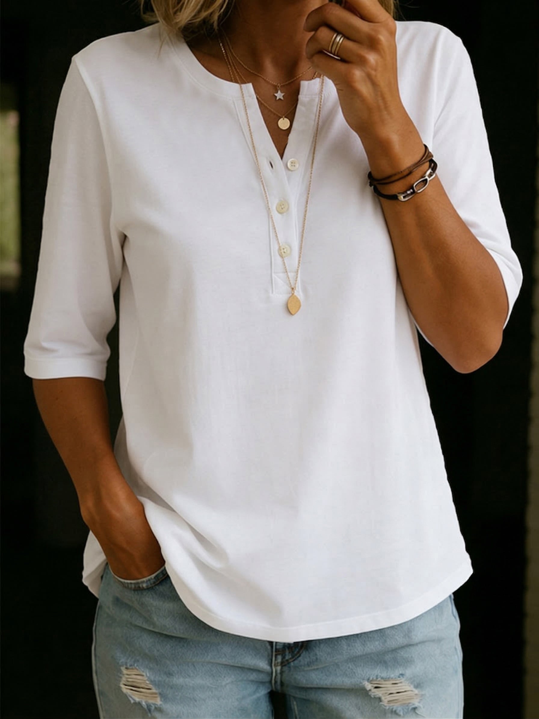 Nora | Half-Sleeve Henley Button Top