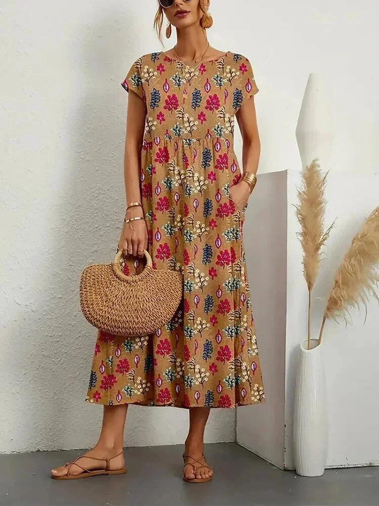Flora | Floral Print Cotton Midi Dress with Pockets