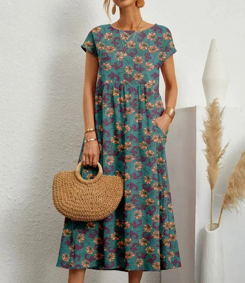 Flora | Floral Print Cotton Midi Dress with Pockets