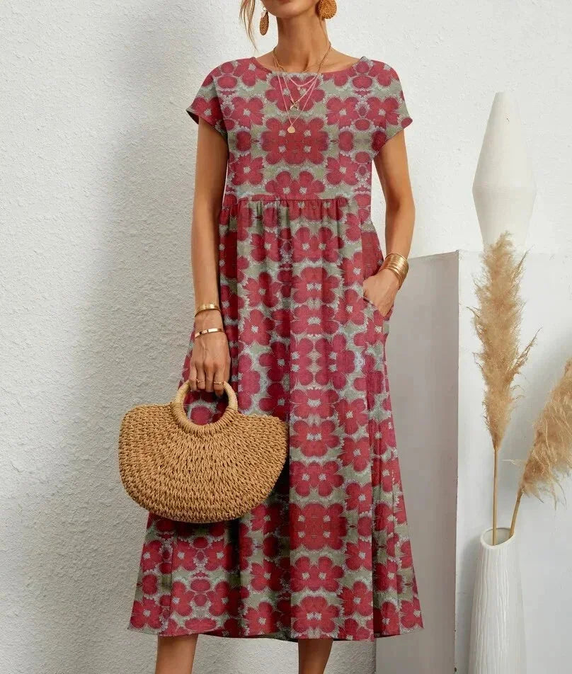 Flora | Floral Print Cotton Midi Dress with Pockets