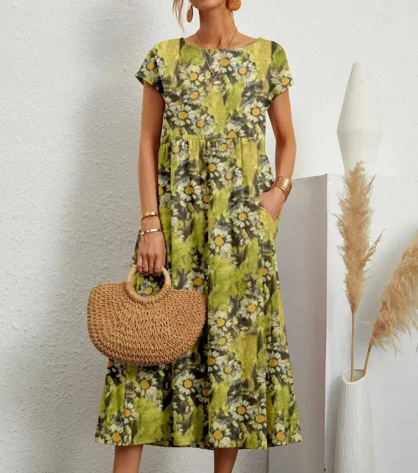 Flora | Floral Print Cotton Midi Dress with Pockets