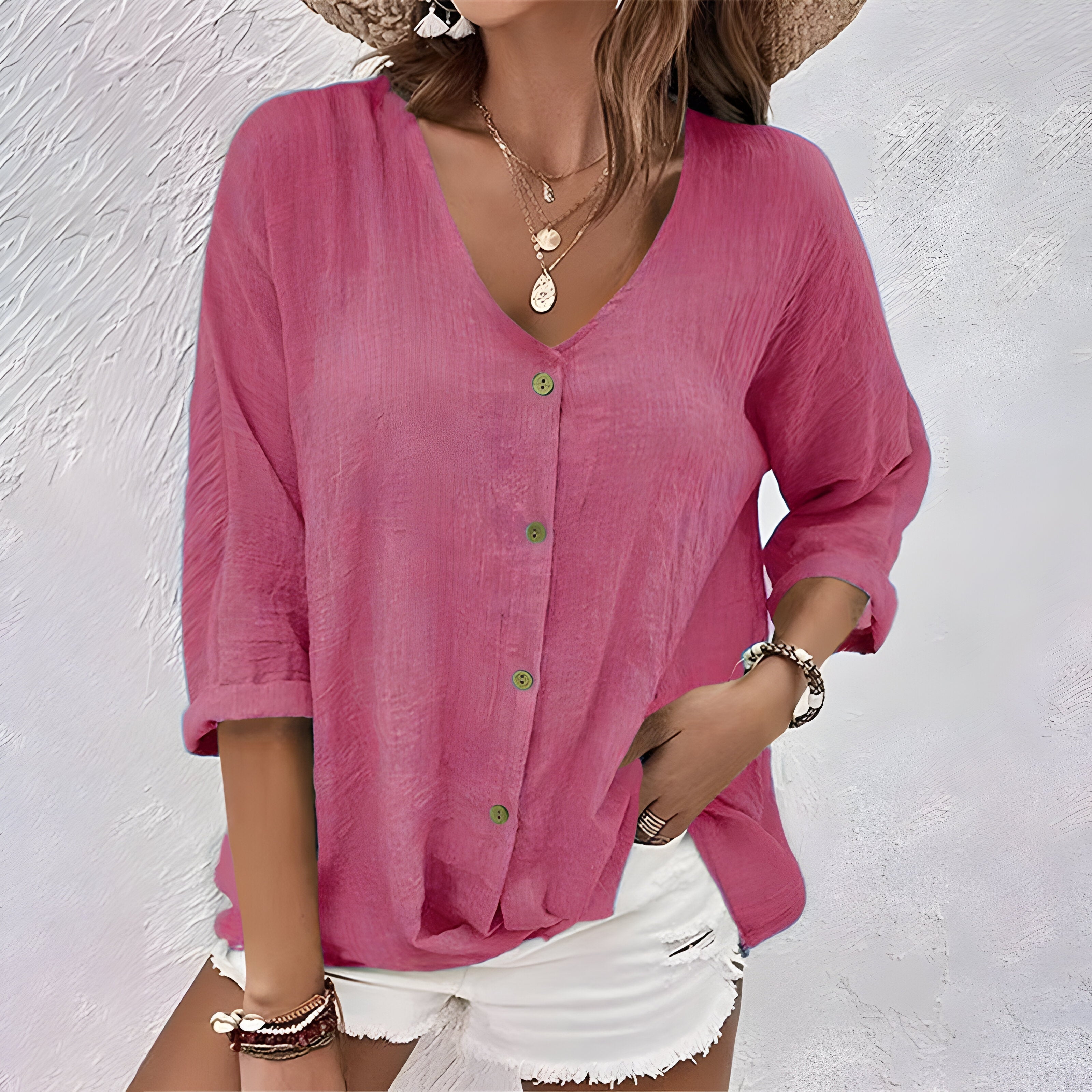 Macy | Relaxed Button-Up V-Neck Summer Blouse