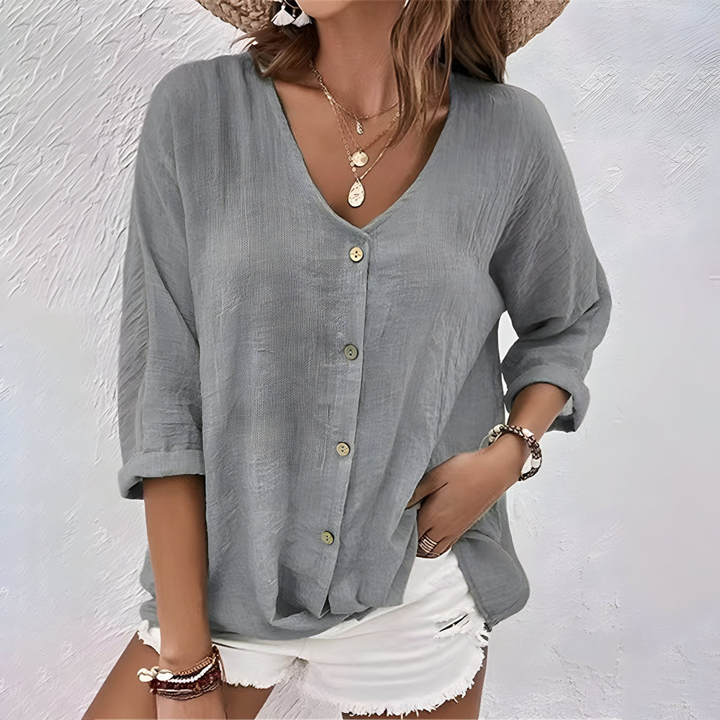 Macy | Relaxed Button-Up V-Neck Summer Blouse