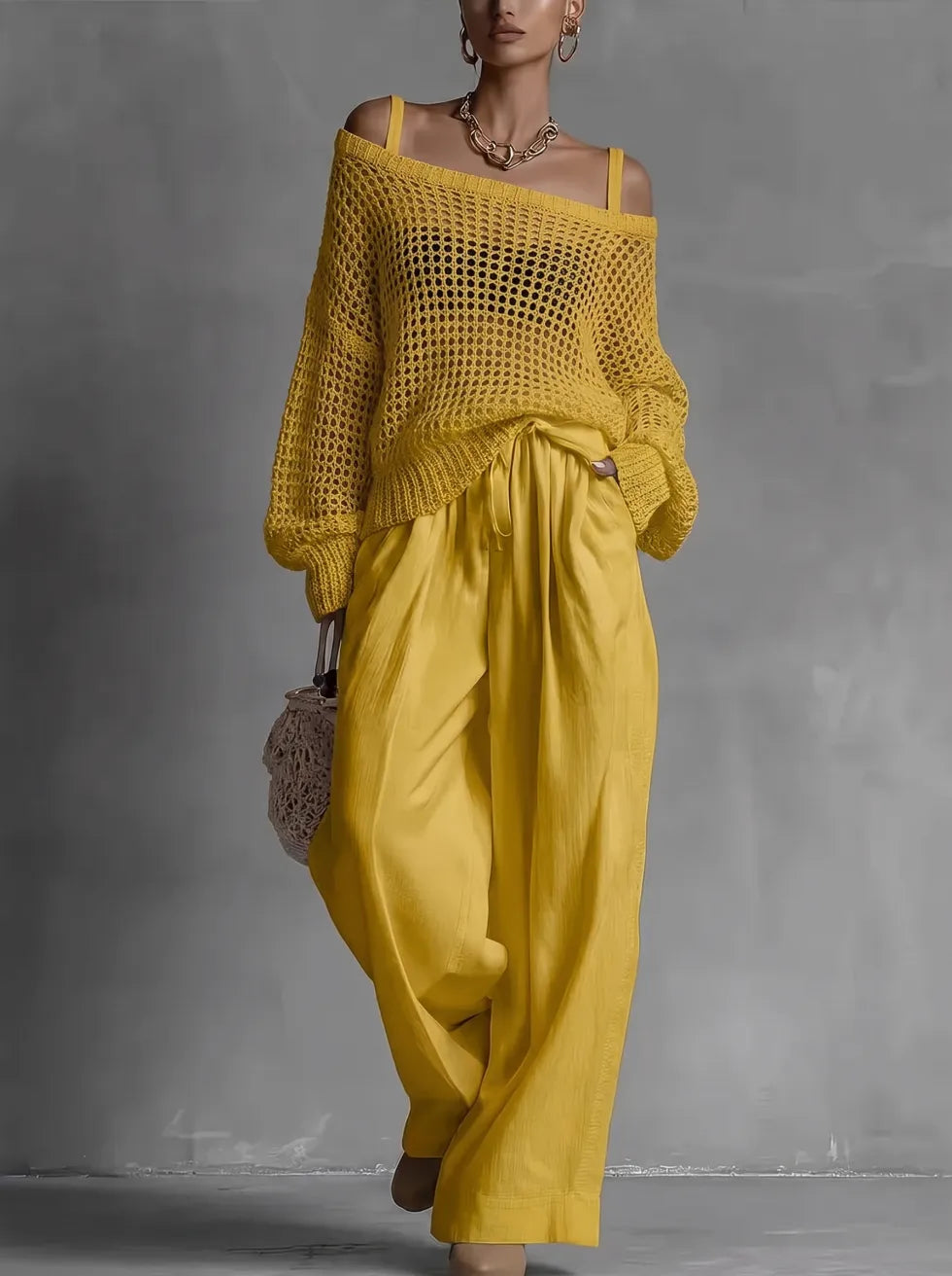 Claribel | Crochet Knit Top & Wide-Leg Trousers Set