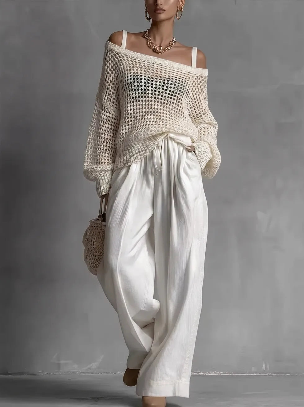 Claribel | Crochet Knit Top & Wide-Leg Trousers Set