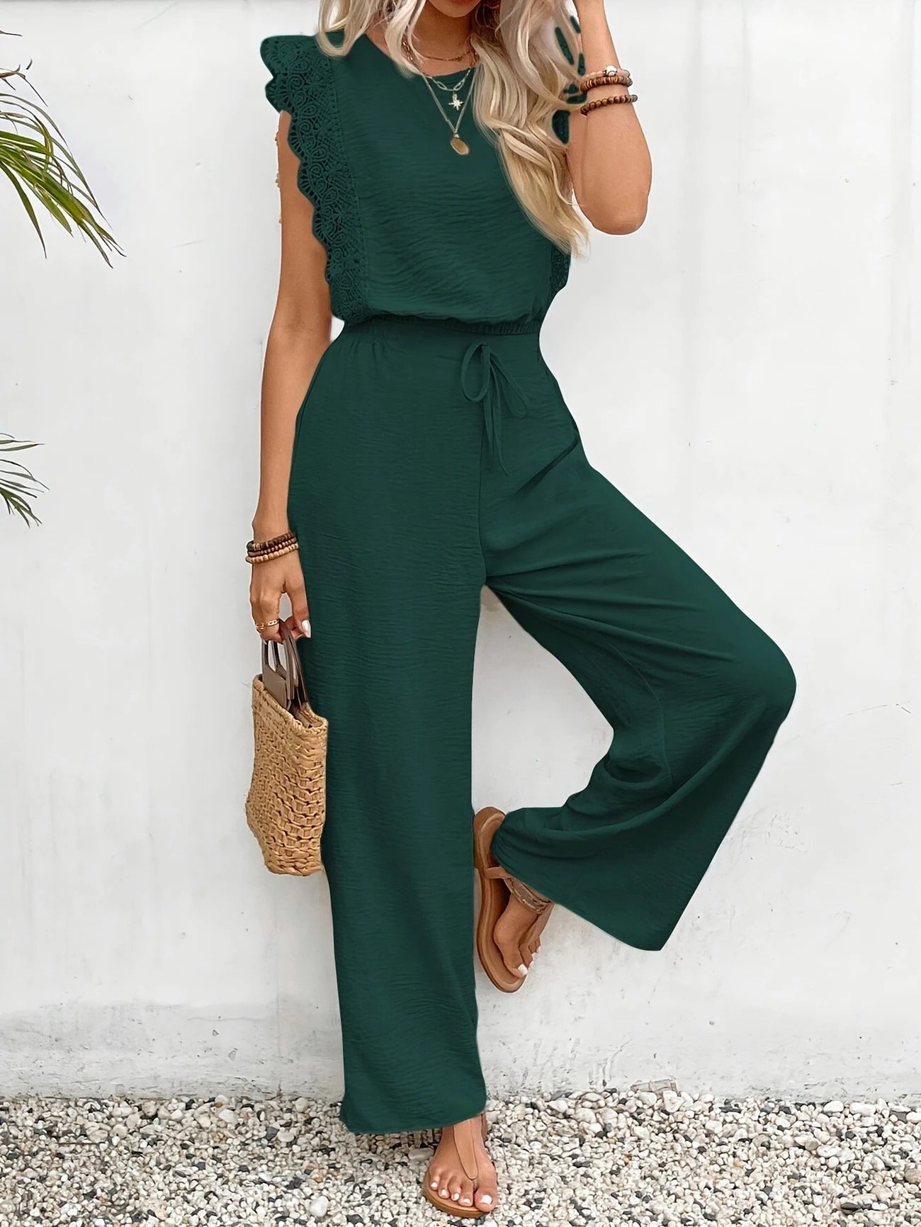 Lola | Lace Trim Top & Wide-Leg Trouser Set