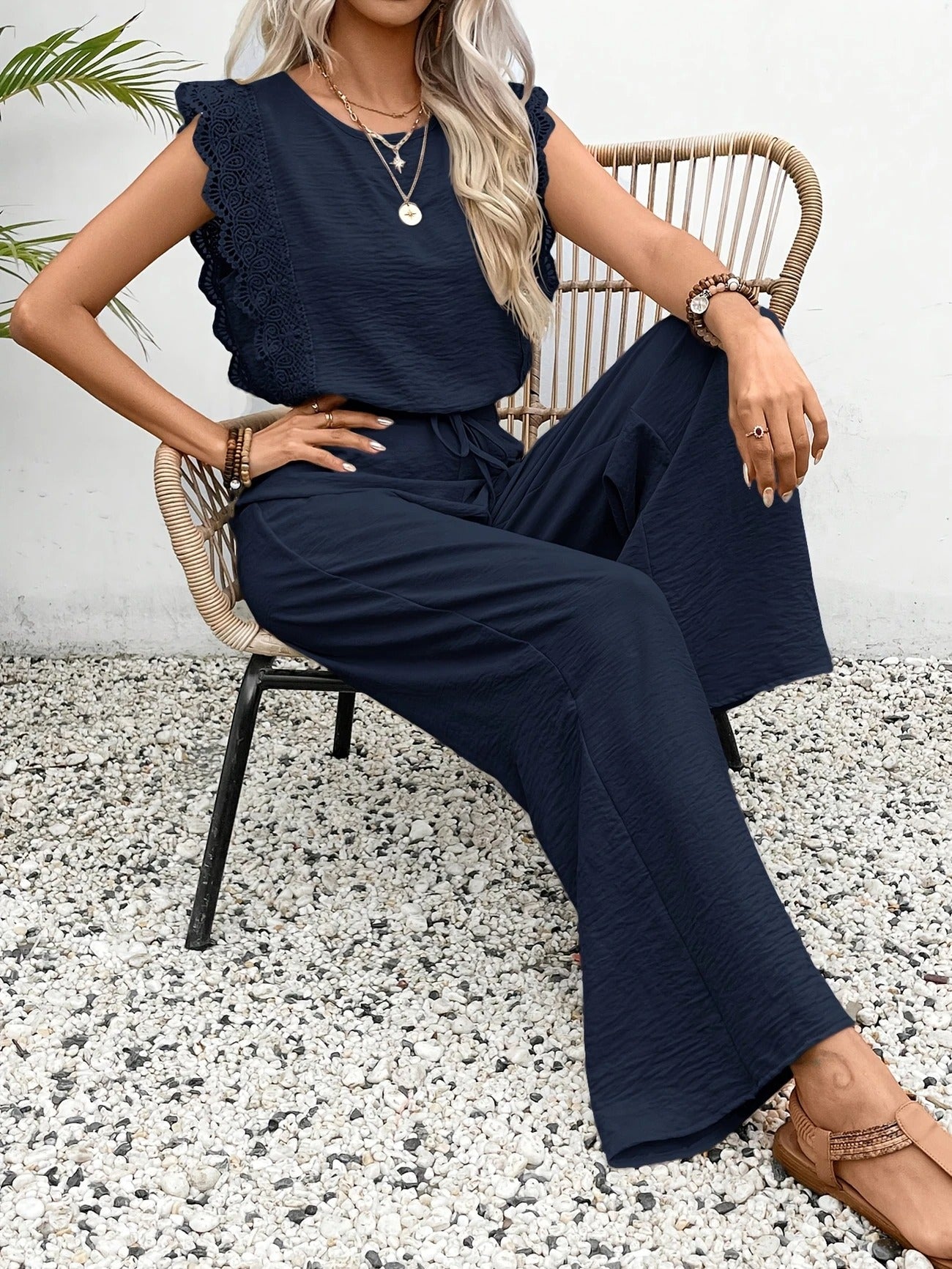 Lola | Lace Trim Top & Wide-Leg Trouser Set